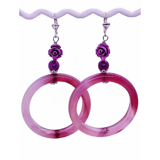 Large Purple Jade Hoop Earrings with Carved Flowers