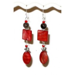 Red and Gray Earrings with Mother-of-Pearl Beads