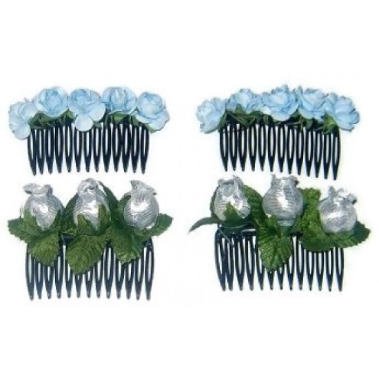 4-Piece Baby Blue and Silver Flower Hair Comb Set