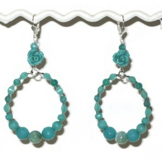 Aqua and Teal Blend Flower Semi-Precious Beaded Hoop Earrings