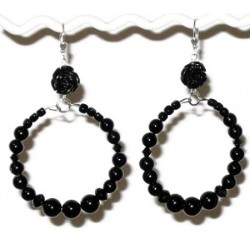 Black Flower Semi-Precious Hoop Earrings 