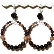 Brown Flower Semi-Precious Hoop Earrings