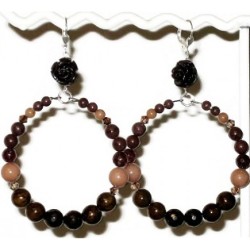 Brown Flower Semi-Precious Hoop Earrings