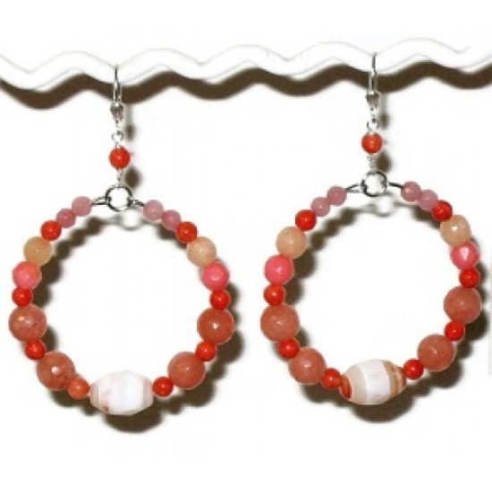 Coral, Peach and Cream Semi- Precious Hoop Earrings