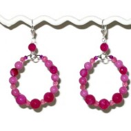 Fuchsia and Hot Pink Semi-Precious Beaded Hoop Earrings