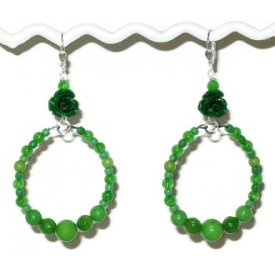 Green Flower Semi-Precious Hoop Earrings 