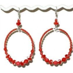 Large Coral and Clear Beaded Hoop Earrings with Semi-Precious Beads