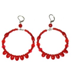Large Red Petal Beaded Hoop Earrings