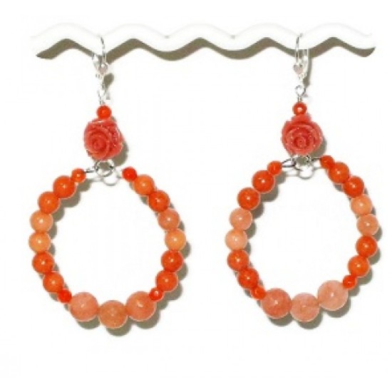 Orange and Salmon Flower Semi-Precious Hoop Earrings