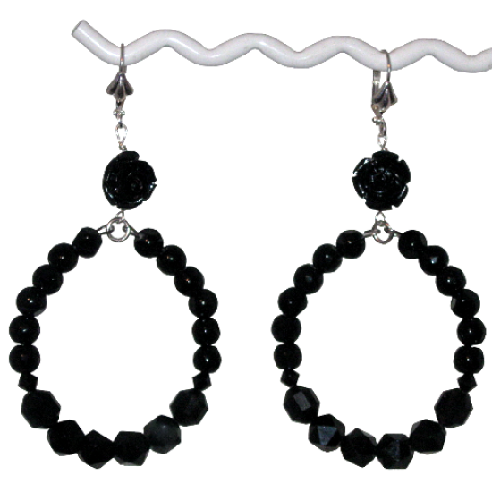 Black Flower Hoop Earrings