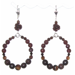 Brown Flower Hoop Earrings with Semi-Precious Beads