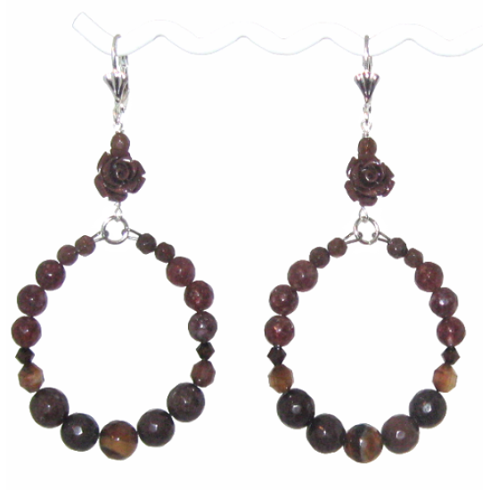 Brown Flower Hoop Earrings with Semi-Precious Beads