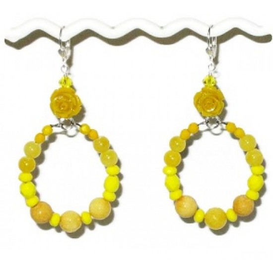 Yellow Flower Hoop Earrings with Semi-Precious Beads