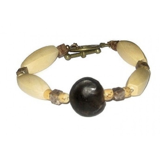 Dark Brown and Beige Men's Bracelet with Nutshell Focal Bead