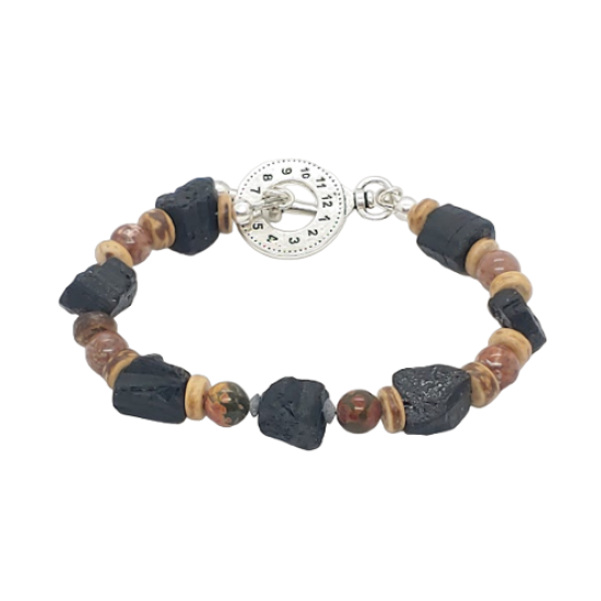 Beige, Black, and Brown Men's Beaded Bracelet with Tourmaline Nuggets