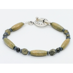 Khaki Green and Gray Men's Beaded Bracelet with Wood Beads and Semi-Precious Stones