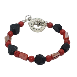 Red and Black Men's Beaded Bracelet with Lava Rock Nuggets
