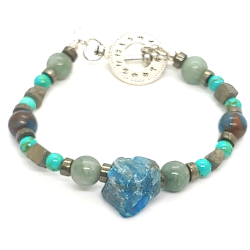 Aqua, Pale Green, Teal and Gray Metallic Men's Beaded Necklace with Apatite Nugget Stone