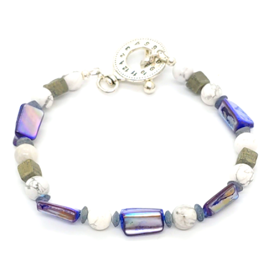 White, Gray and Purplish Blue Men's Beaded Bracelet