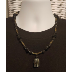 Black, Gray and Metallic Men's Beaded Necklace with Rectangle Jasper Pendant