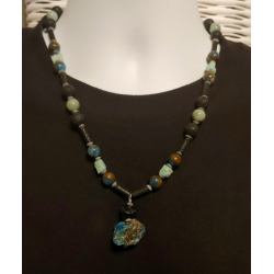 Black, Teal, Mint Green, and Slate Gray Men's Beaded Necklace with Apatite Stone Pendant