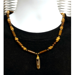 Brown, Beige, and Goldtone Metallic Men's Beaded Necklace with Botswana Tube Pendant