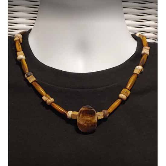 Brown and Beige Men's Necklace with Horn Pipe, Magnesite and Jasper Beads