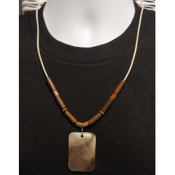  White Leather Cord Men's Necklace with Wood Beads and Rectangle Shell Pendant