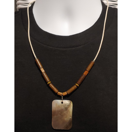  White Leather Cord Men's Necklace with Wood Beads and Rectangle Shell Pendant