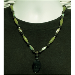 Green, Black, Metallic Men's Beaded Necklace with Oval Black Onyx Pendant