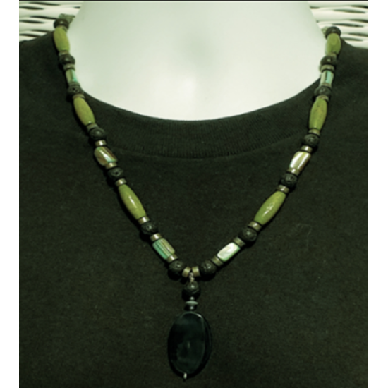 Green, Black, Metallic Men's Beaded Necklace with Oval Black Onyx Pendant