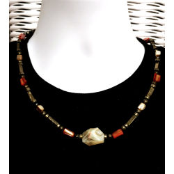 Red, Gray, Beige and Metallic Men's Beaded Necklace
