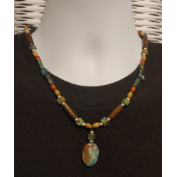 Rust Orange, Brown, Beige, Tan, Teal and Mint Green Men's Beaded Necklace