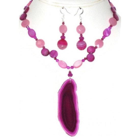 Fuchsia and Pink Necklace and Earring Set with Agate Pendant