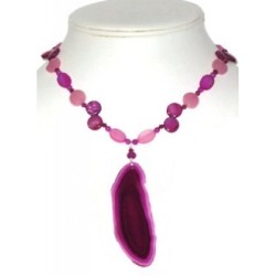 Fuchsia and Pink Necklace and Earring Set with Agate Pendant