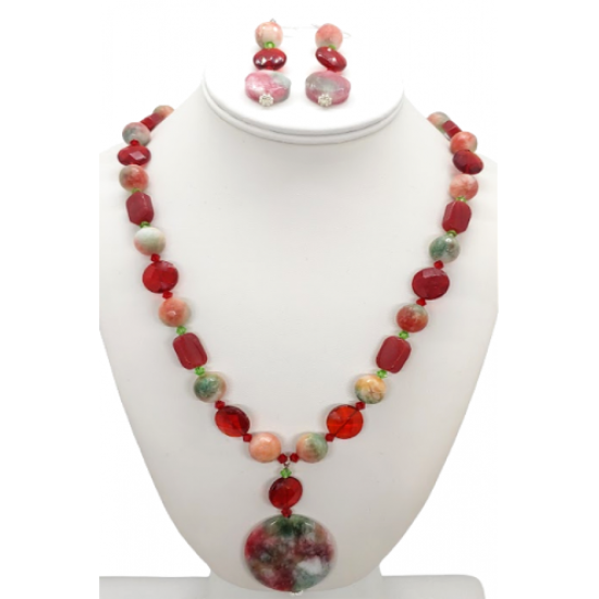 Multi-Colored Necklace and Earrings Set with Semi-Precious Stones and Crystals