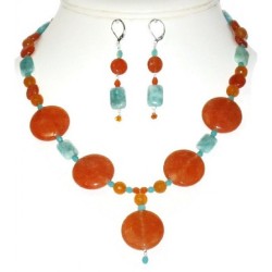 Orange and Blue Green Necklace and Earring Set with Drop Pendant