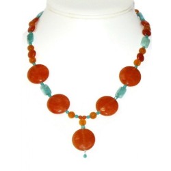 Orange and Blue Green Necklace and Earring Set with Drop Pendant