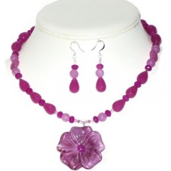 Orchid and Fuchsia Necklace and Earring Set with Flower Pendant