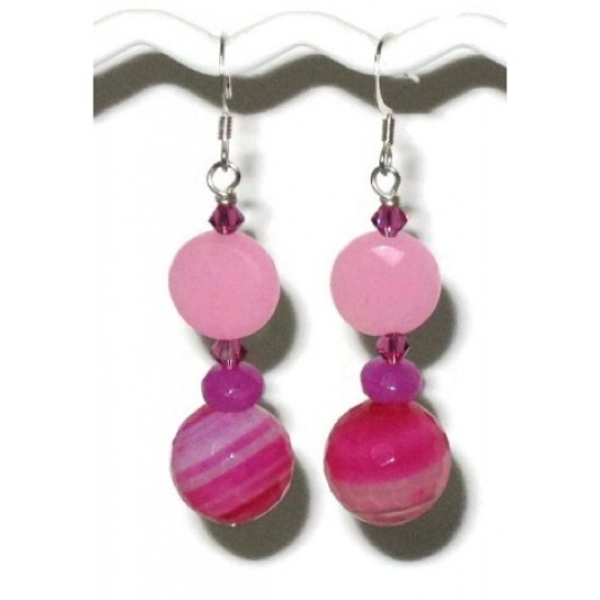 Fuchsia and Pink Necklace and Earring Set with Agate Pendant