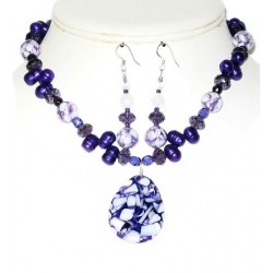 Purple and White Necklace and Earring Set with Briolette Pendant