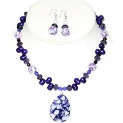 Purple and White Necklace and Earring Set with Briolette Pendant