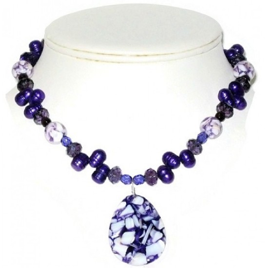 Purple and White Necklace and Earring Set with Briolette Pendant