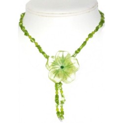 Apple and Lime Green Necklace with Mother-of-Pearl Flower Pendant