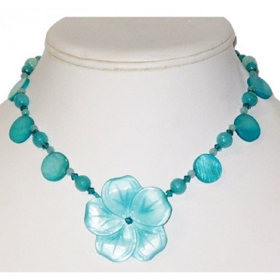 Aqua and Teal Necklace with Mother-of-Pearl Flower Pendant