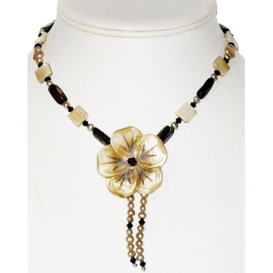 Beige and Brown Necklace with Flower Pendant