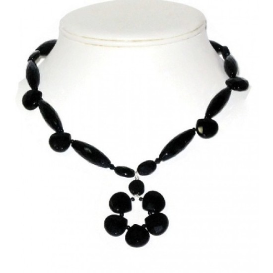 Black Onyx Necklace with Flower Pendant