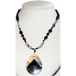 Black and Beige Necklace with Mother-of-Pearl Black Lip Shell Pendant