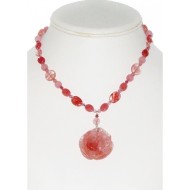 Pink Cherry Quartz Necklace with Flower Pendant
