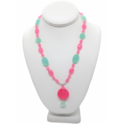 Hot Pink and Aqua Beaded Necklace with Drop Pendant